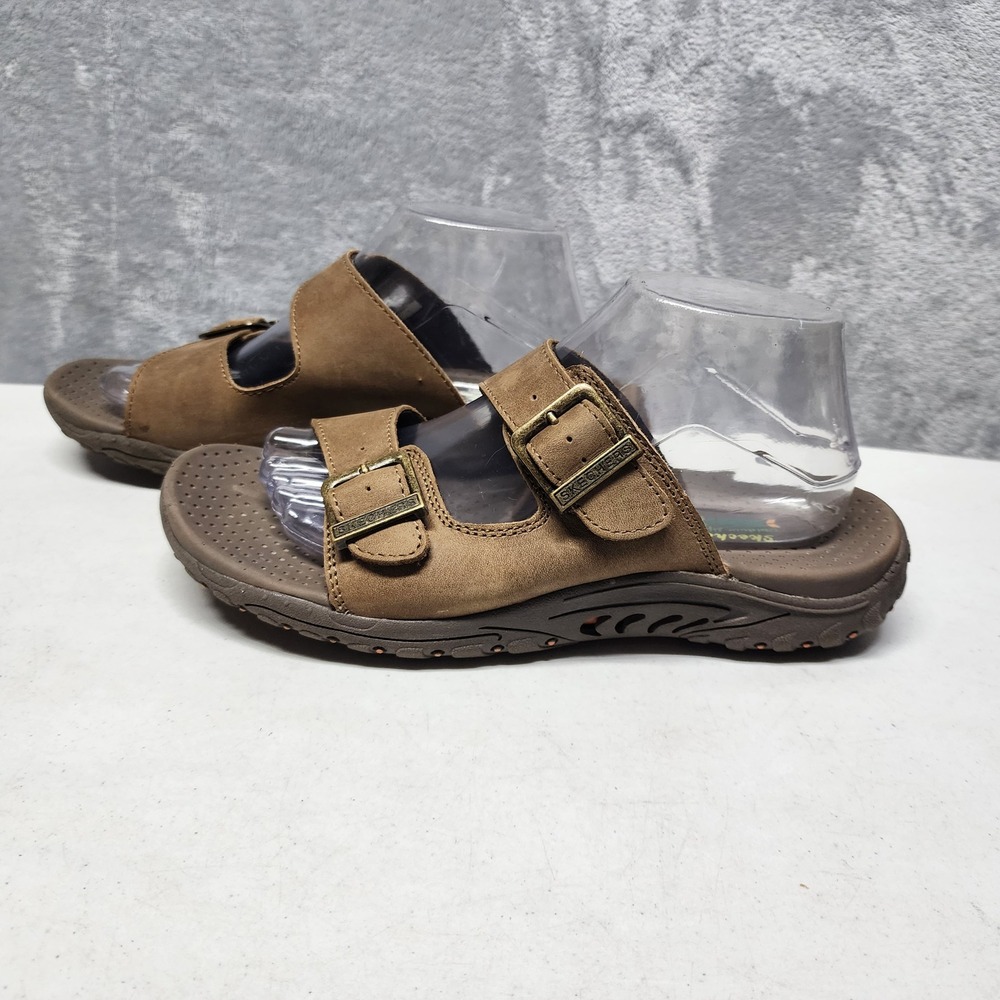 Skechers Slide Sandals Womens Size 9 Brown Leather Double Strap Reggae Jammin - Picture 3 of 13